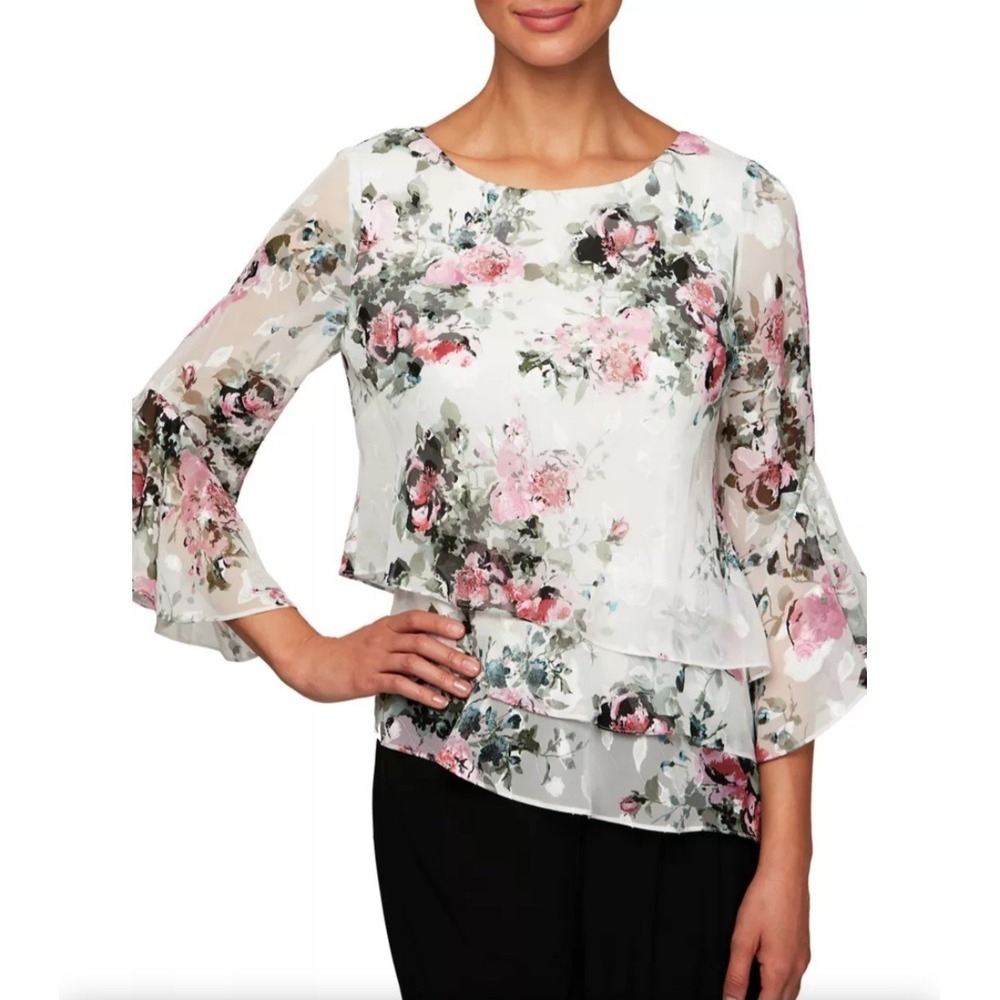 Alex Evenings Blouse Top Brocade Floral Layered Ruffle 3/4 Slv Cocktail Size L
